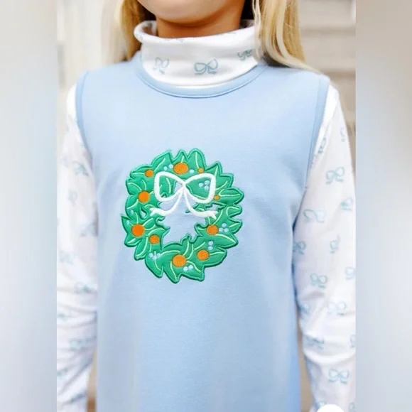 The Beaufort Bonnet Co Annie Apron Shift Dress Blue Wreath Pearl Bow 12 NWT - Picture 3 of 8